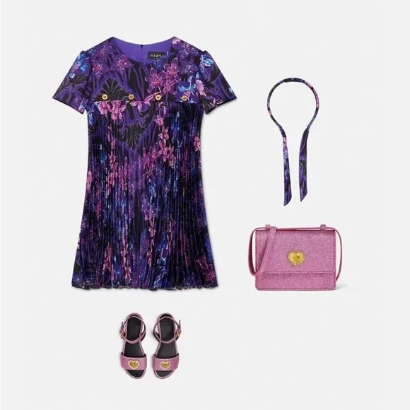 Versace Orchid Barocco Girls Pleated Dress, New, Size 12 - Picture 12 of 12